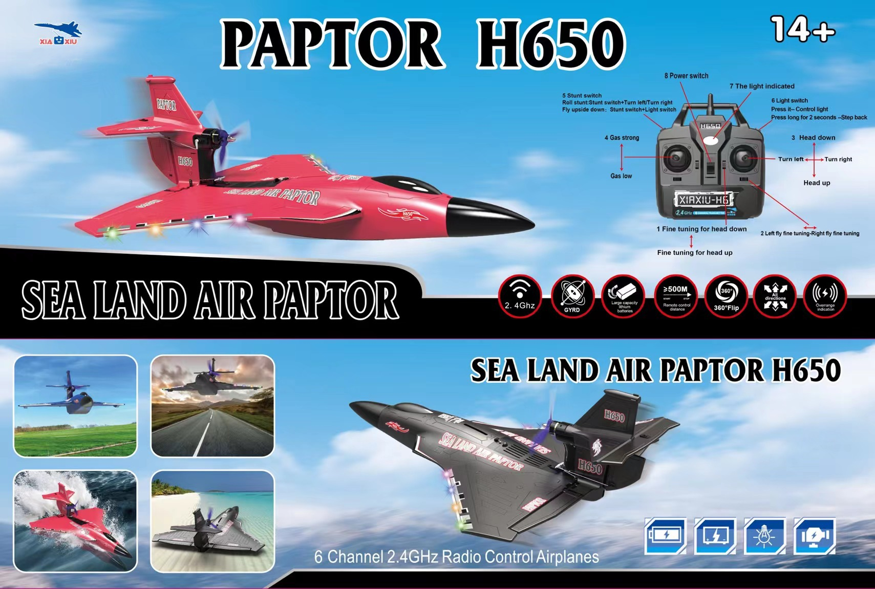 XIAXIU-Raptor-H650-Meer-Land-Luft-490mm-Spannweite-24GHz-6CH-Smart-Balance-EPP-RC-Flugzeug-Warbird-F-1983620-1